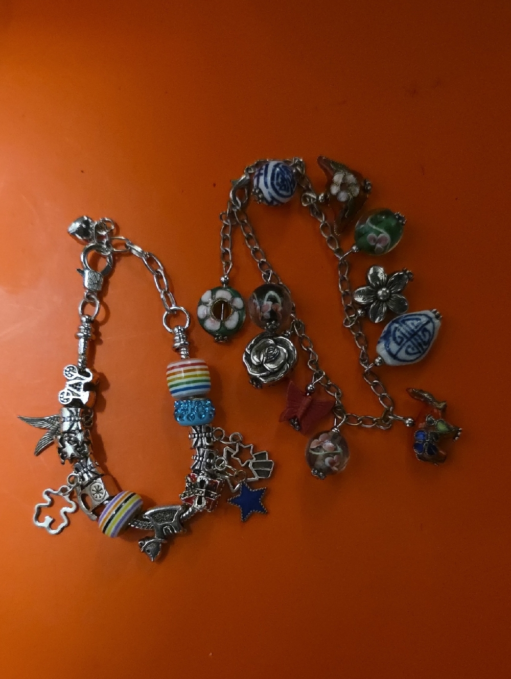 Silver Charm Bracelet with Blue, Green, Pink and Multicolor Beads - Unbranded